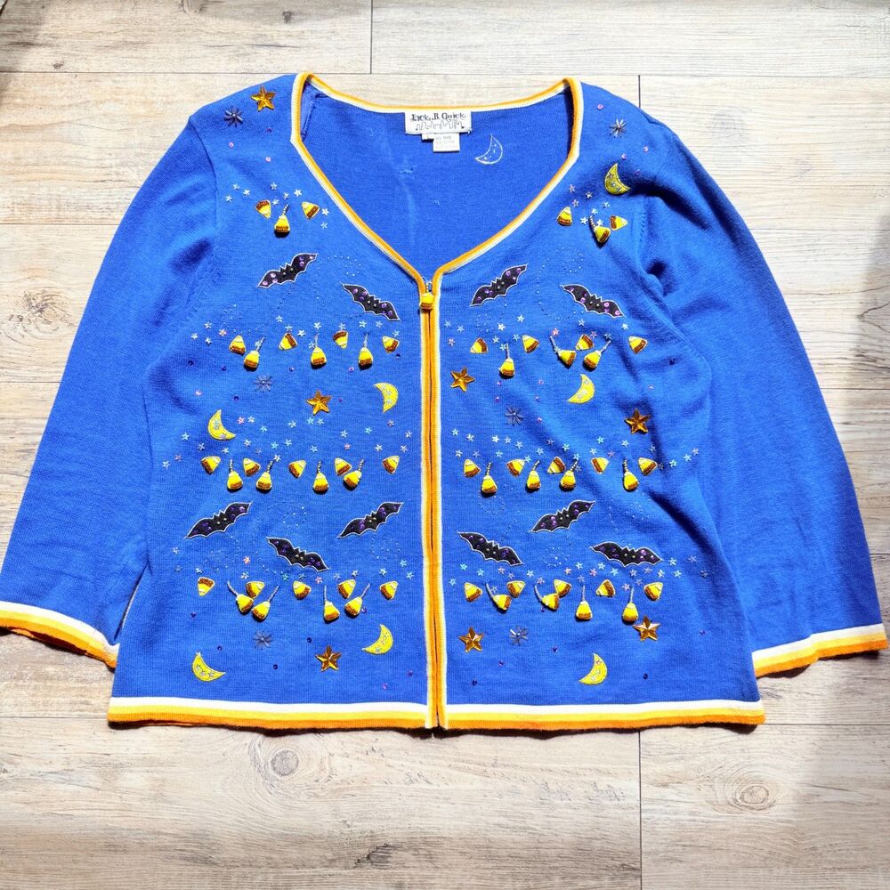 Vintage Halloween Sweater Cardigan Jack B. Quick Large Blue Candy Corn Bats